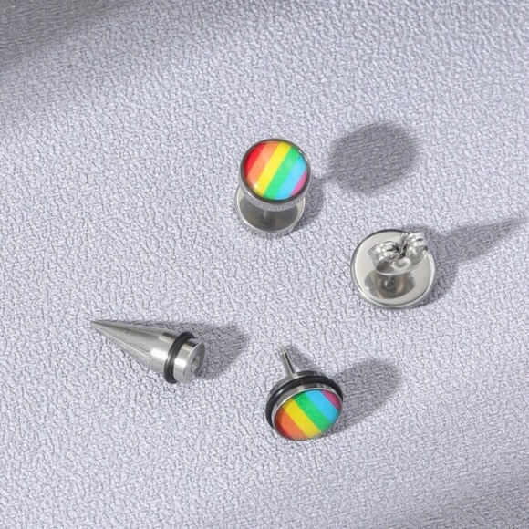 🌈PRIDE 3 Pc Set Men’s/Unisex Stainless Steel Rainbow Round Stud Earrings NWT - Picture 2 of 3